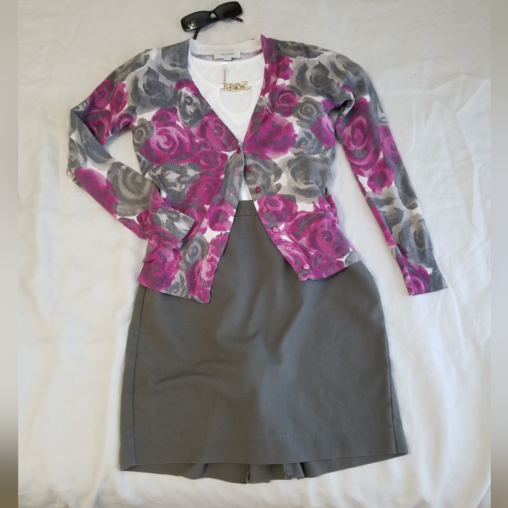 Merona Purple / Gray Watercolor Floral Cardigan